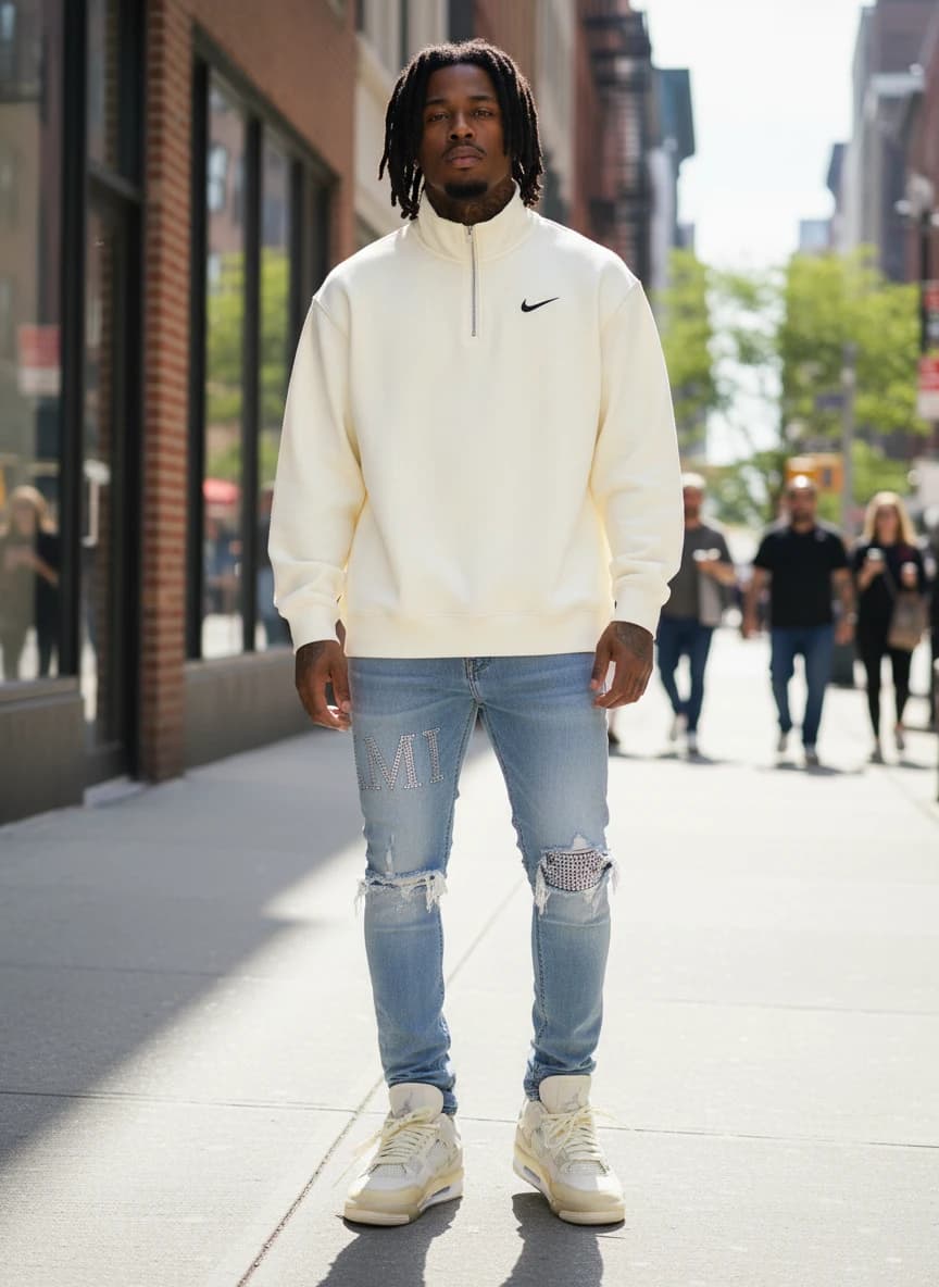 Nike Half-Zip Sweatshirt in Cream White, Amiri Light Blue Distressed Jeans with Rhinestone Embroidery, Air Jordan 4 Off-White 'The Ten' Cream Sneakers