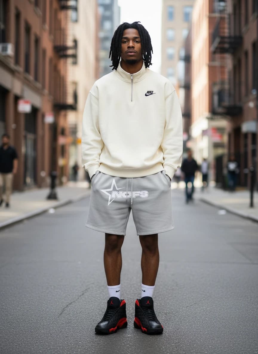 Nike Half-Zip Sweatshirt in Sail Colorway, NOFS Star Logo Grey Sweatshorts, Air Jordan 13 Retro Bred Sneakers