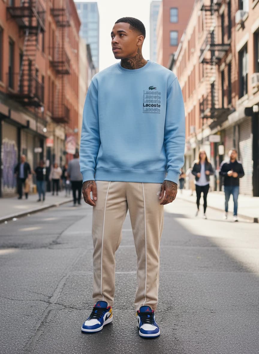 Lacoste Blue Cotton Sweatshirt with Logo Print, Essentials by Fear of God Beige Velour Track Pants, Air Jordan 1 Low Retro Sneakers in Blue/Yellow/White