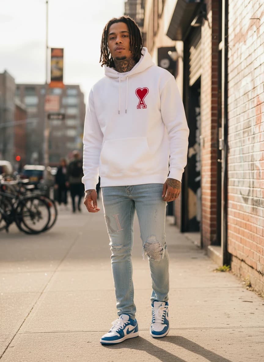 Ami Paris White Hoodie with Red Heart Logo, Amiri Light Blue Distressed Jeans with Rhinestone Embroidery, Air Jordan 1 Low 'University Blue' Sneakers