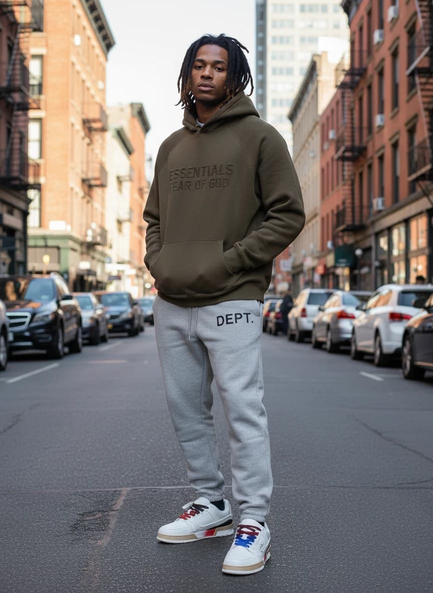 Fear of God Essentials Olive Hoodie, Department 51 Grey Sweatpants, Louis Vuitton Seoul Sneakers TX-01