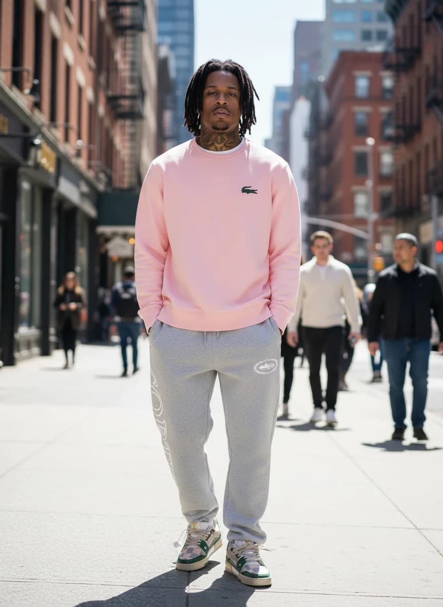 Lacoste Pink Crocodile Embroidered Sweatshirt, Cortez Grey Sweatpants with White Logo, Louis Vuitton LV Trainer Sneakers in Beige/Dark Green