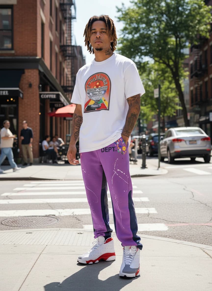 Essentials by Fear of God T-Shirt, Department 55 Purple & Navy Colorblock Track Pants, Air Jordan 13 Retro White Grey Red Sneakers