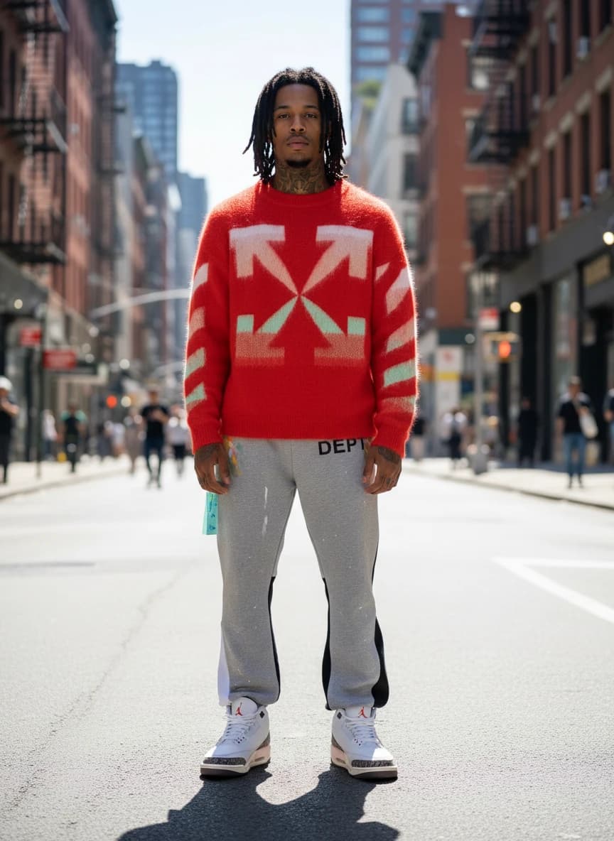 Off-White Red & Multi Arrow Pattern Knit Sweater, Dept. Grey Paint Splatter Sweatpants with Color Block Panels, Air Jordan 3 Retro White Cement Grey Sneakers