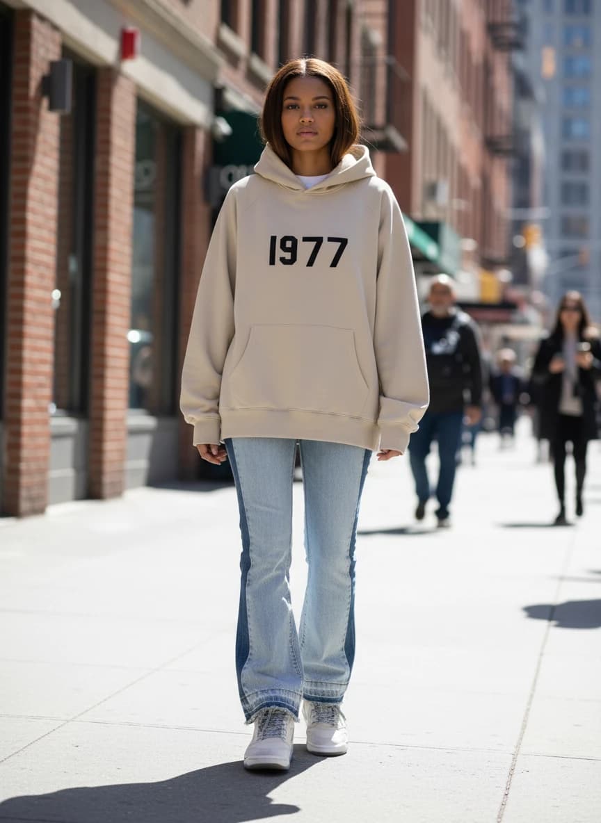 Unisex Beige '1977' Graphic Hoodie, Light Blue & Navy Patchwork Flare Jeans, Air Jordan 5 Retro 'Sail' Sneakers