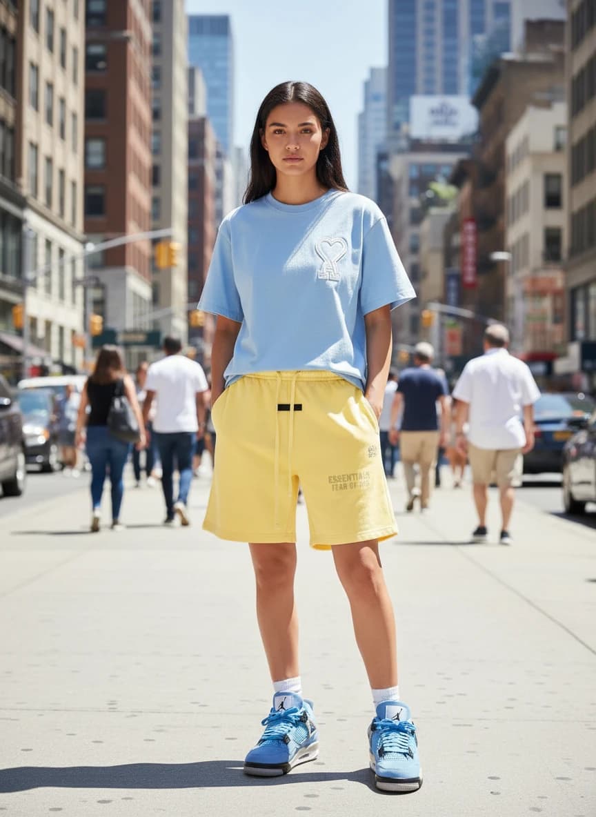 AMI Paris Light Blue Heart Logo T-Shirt, Fear of God Essentials Yellow Drawstring Shorts, Air Jordan 4 Retro University Blue Sneakers CT8527-400