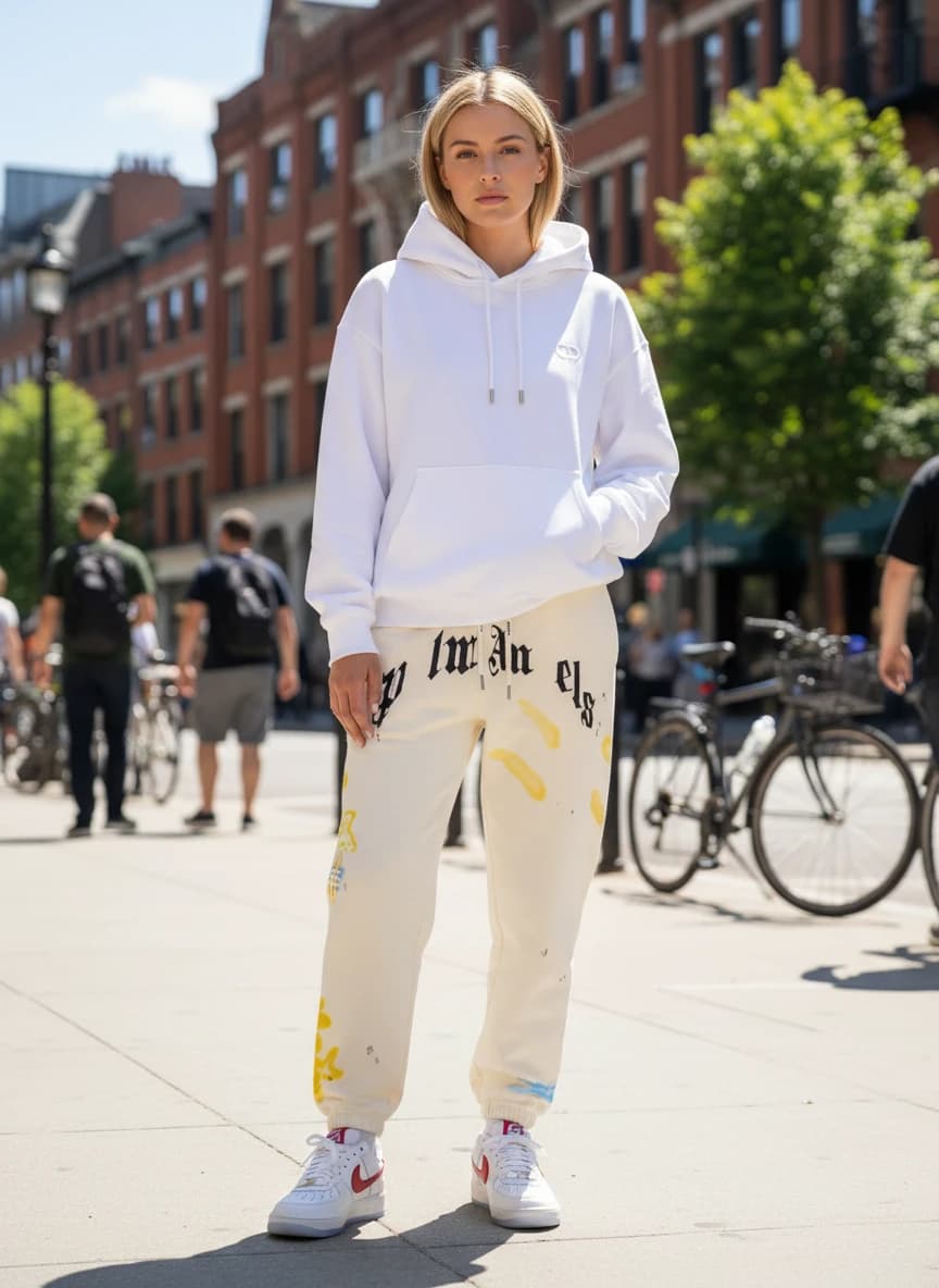 White Oversized Hoodie with Embroidered Logo, Palm Angels Beach Print Sweatpants in Cream White, Louis Vuitton x Nike Air Force 1 White/Red Sneakers