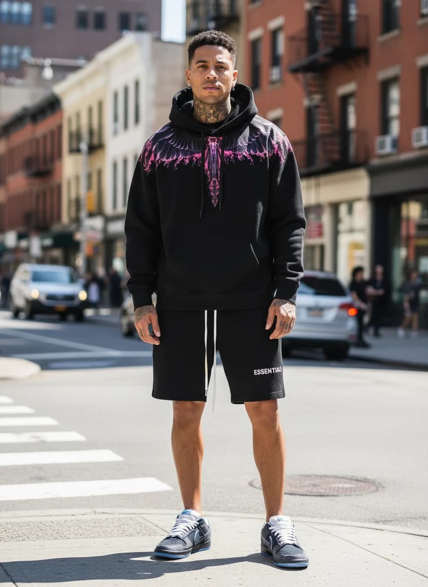 Marcelo Burlon Black Wings Hoodie with Pink Accents, Fear of God Essentials Black Drawstring Shorts, Nike SB Dunk Low University Blue Sneakers