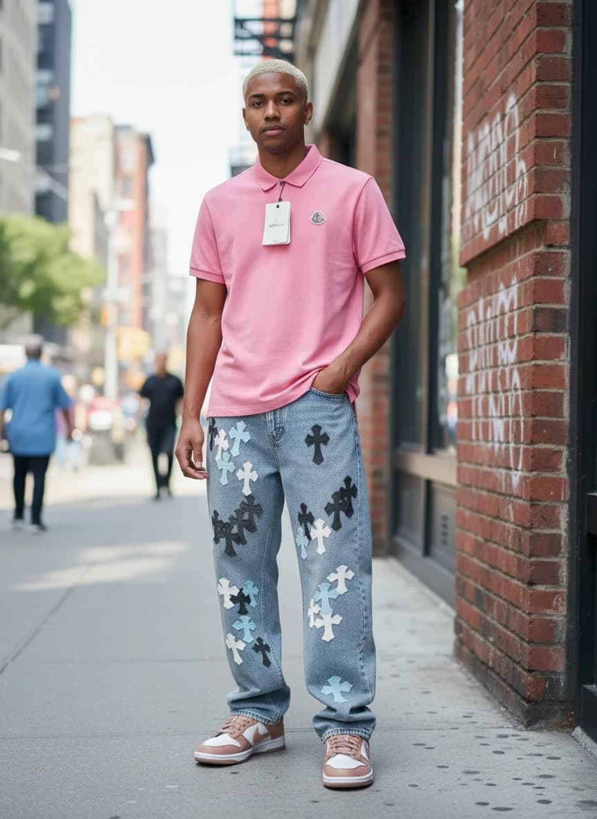 Moncler Pink Polo Shirt, Chrome Hearts Cross Embroidered Jeans, Nike Dunk Low 'Clay Brown' Sneakers