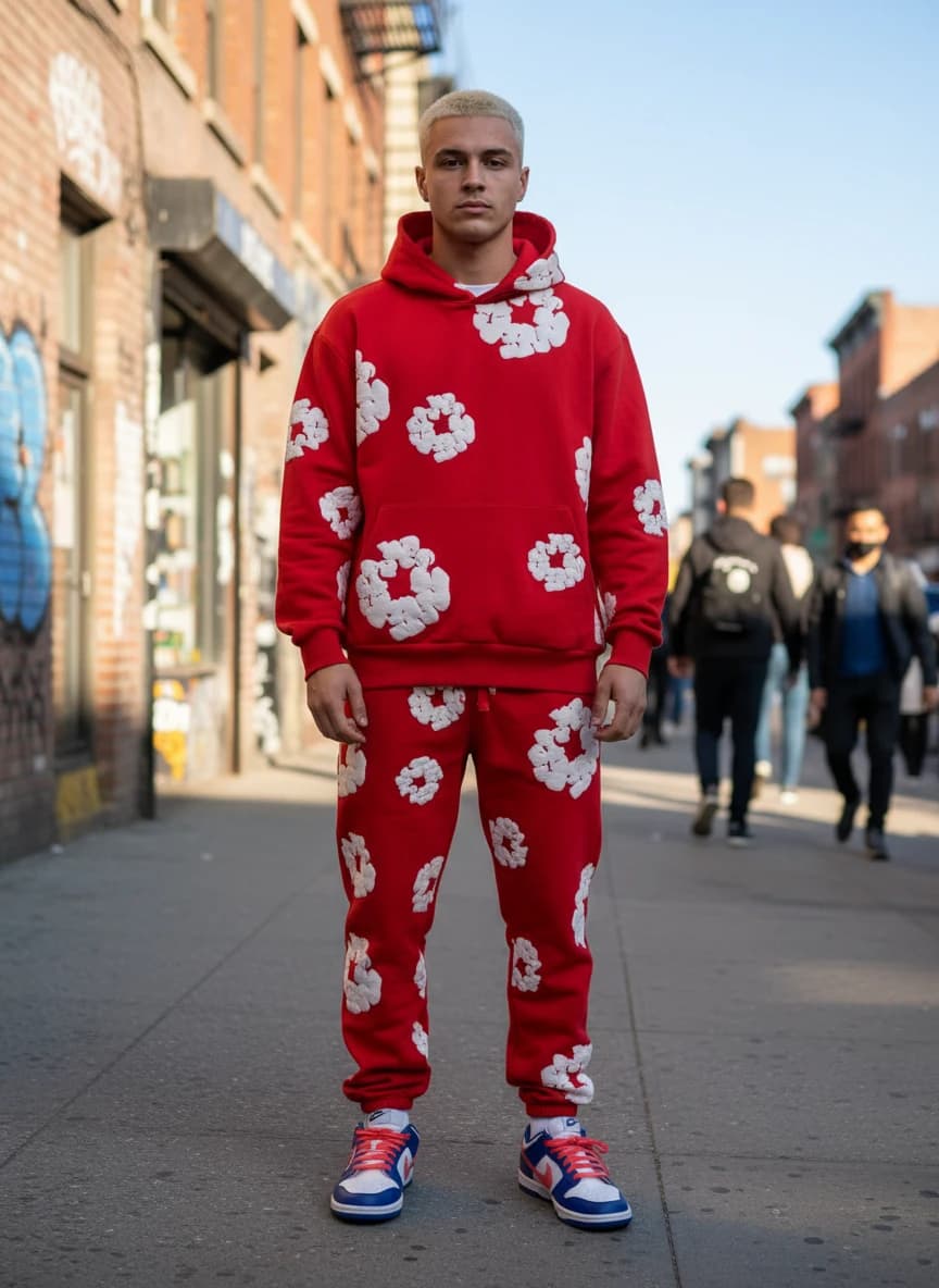 Supreme Box Logo Red Hoodie with White Floral Pattern, Supreme Box Logo Red Sweatpants with White Cloud Pattern, Nike Dunk Low Royal Blue/University Red Sneakers