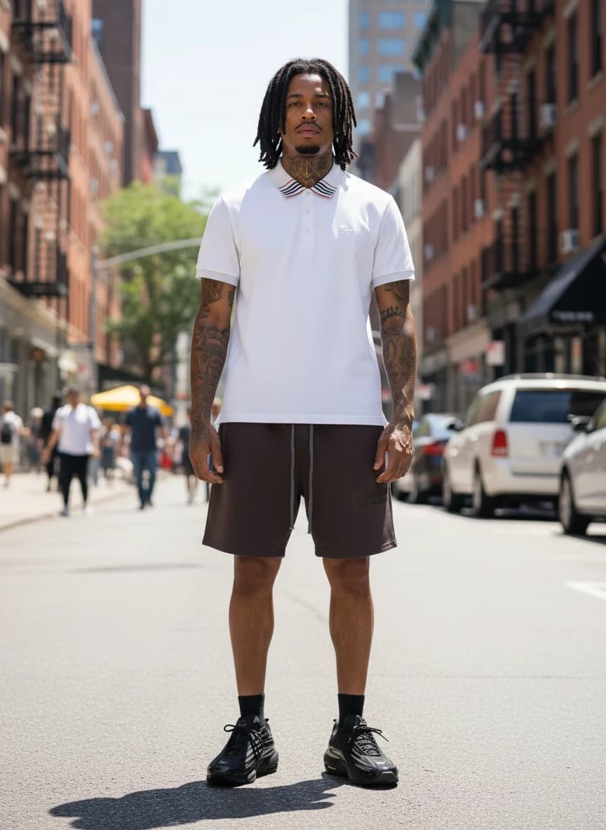 Burberry White Polo Shirt with Striped Collar, Fear of God Essentials Dark Brown Shorts, Nike Air Max TW Triple Black Sneakers