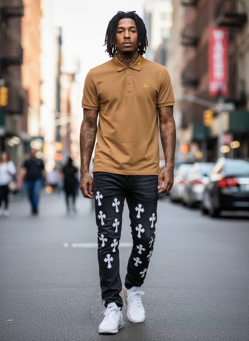 Burberry Camel Color Polo Shirt with Embroidered Horse & Plaid Trim, Chrome Hearts Cross Embroidered Black Jeans, Nike Air Max 270 Off-White 'Sail' Sneakers