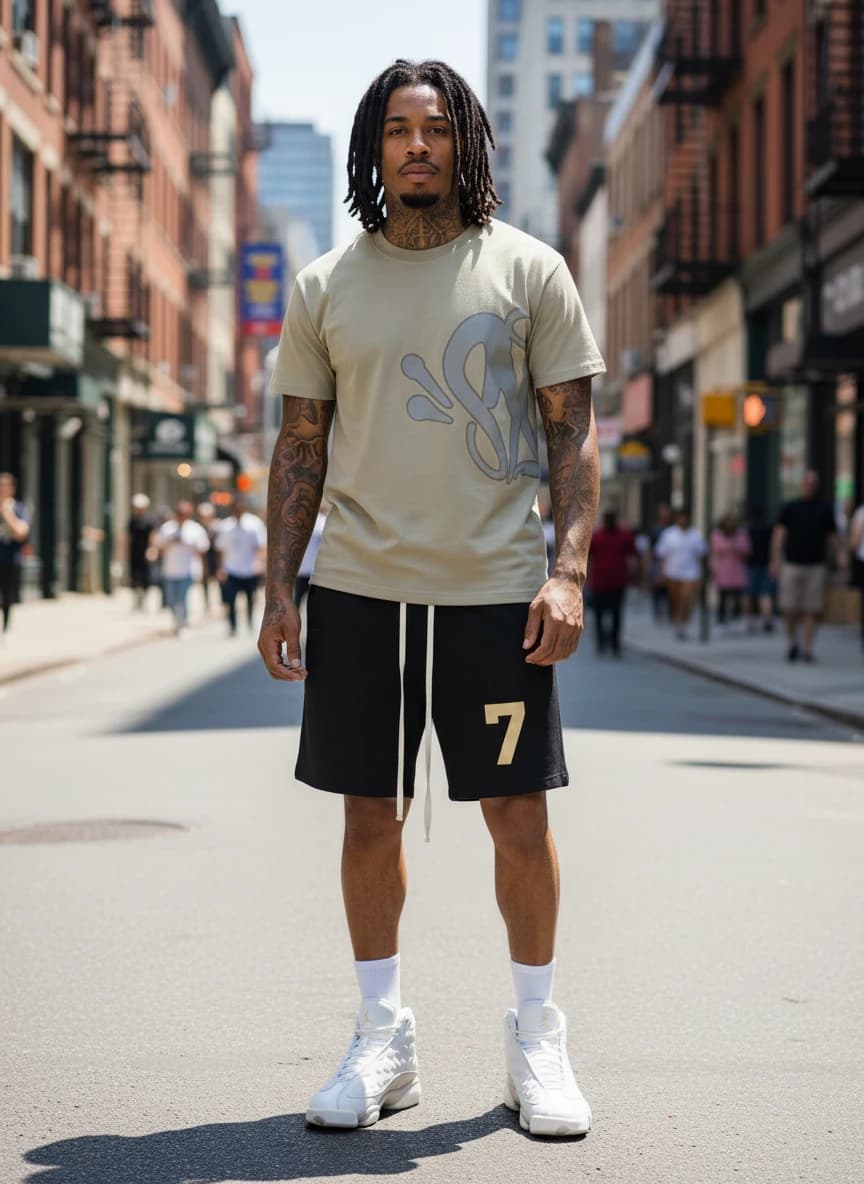 Fendi Box Logo Beige T-Shirt, Black Cotton Shorts with Gold Number 7 Design, Air Jordan 13 Retro Sneakers White/Gray