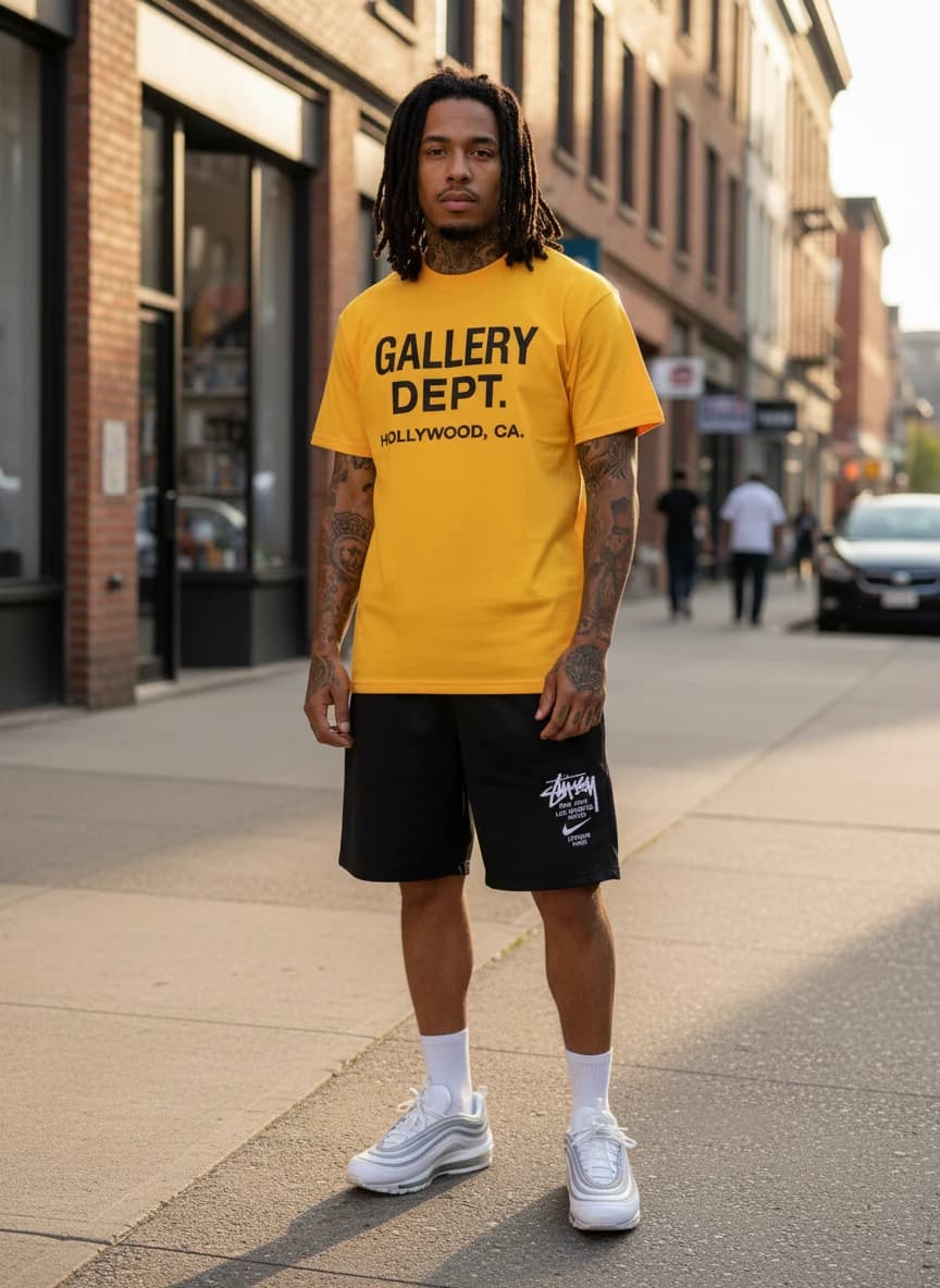 Gallery Dept. Hollywood Yellow T-Shirt, Stussy x Nike Black Shorts with White Logo, Nike Air Max 97 White/Grey Stripe Sneakers