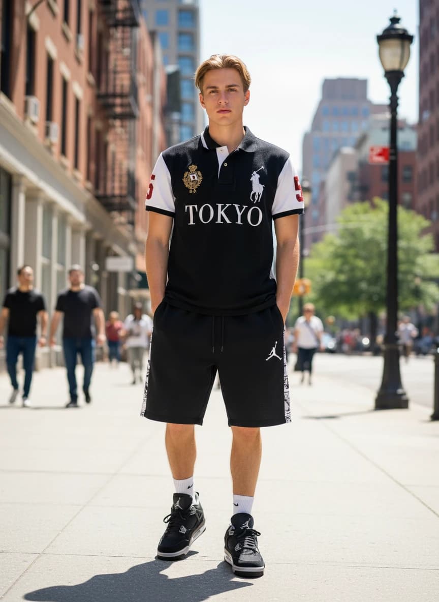 Ralph Lauren Polo Shirt 'Tokyo' Edition, Air Jordan Manga Print Shorts, Air Jordan 4 Retro Black Grey Sneakers