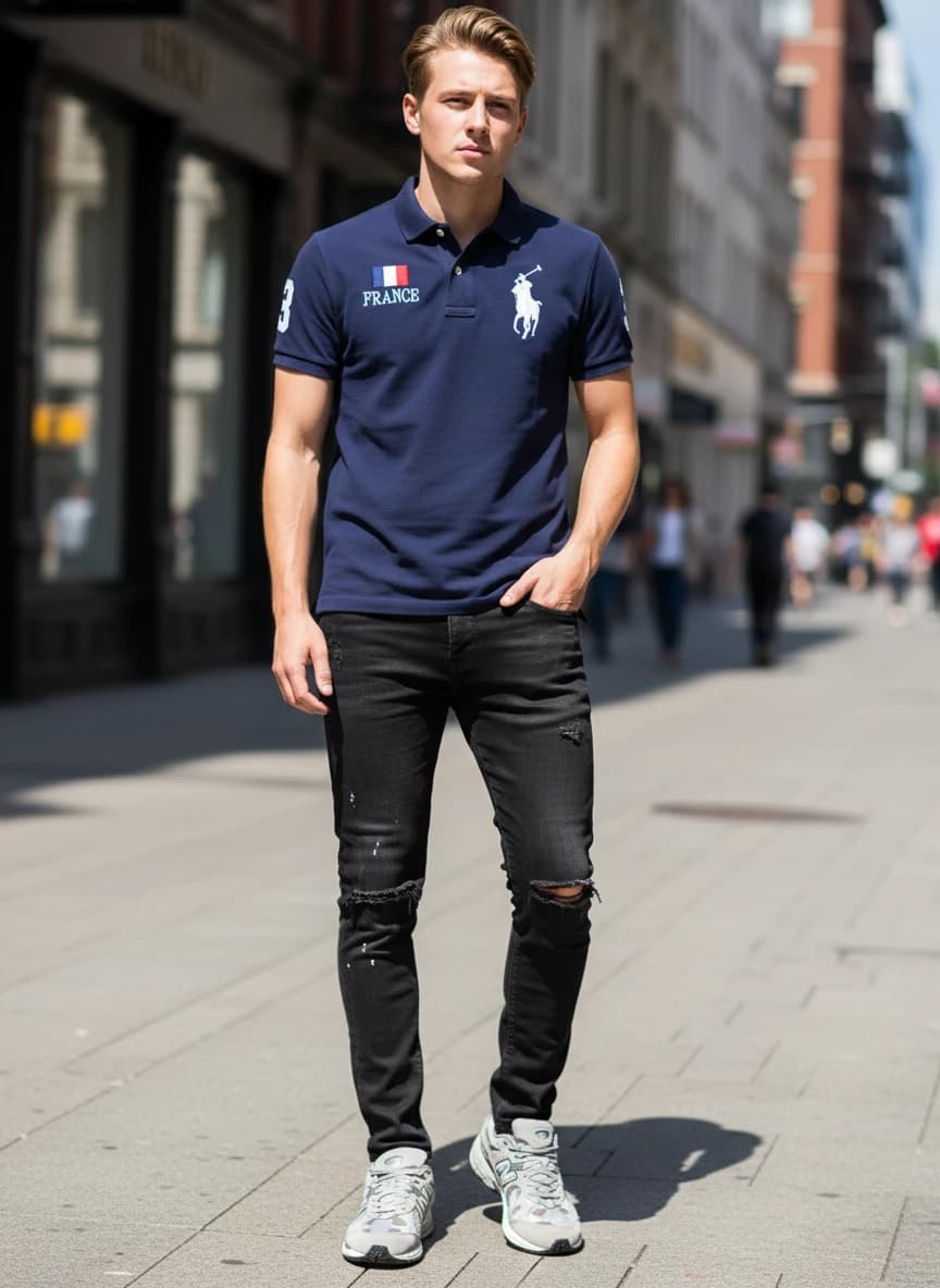 Polo Ralph Lauren France Polo Shirt in Navy Blue, Purple Jeans Black Paint Splatter Slim Fit Pants, New Balance 2002R Sneakers in M2002RBG Grey Silver Colorway