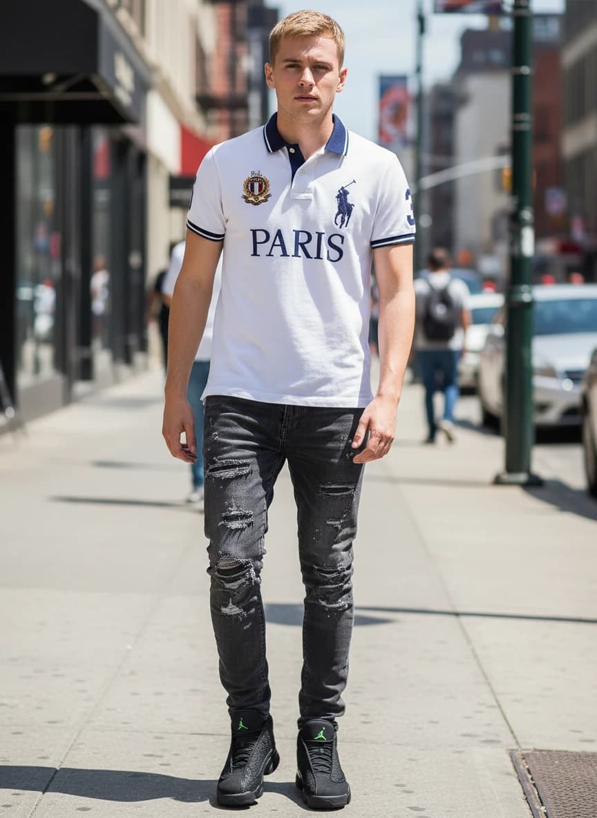 Ralph Lauren Paris Polo Shirt, Purple Brand Paint Splatter Distressed Jeans, Air Jordan 13 Retro Black Green Sneakers