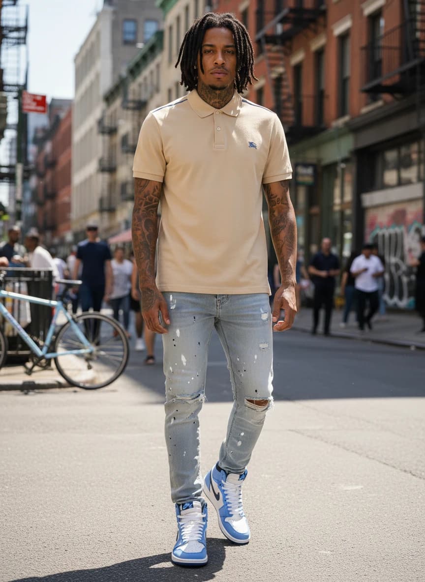 Burberry Beige Polo Shirt with Blue Accents, Purple Brand Paint Splatter Distressed Jeans, Air Jordan 1 High UNC Blue Sneakers