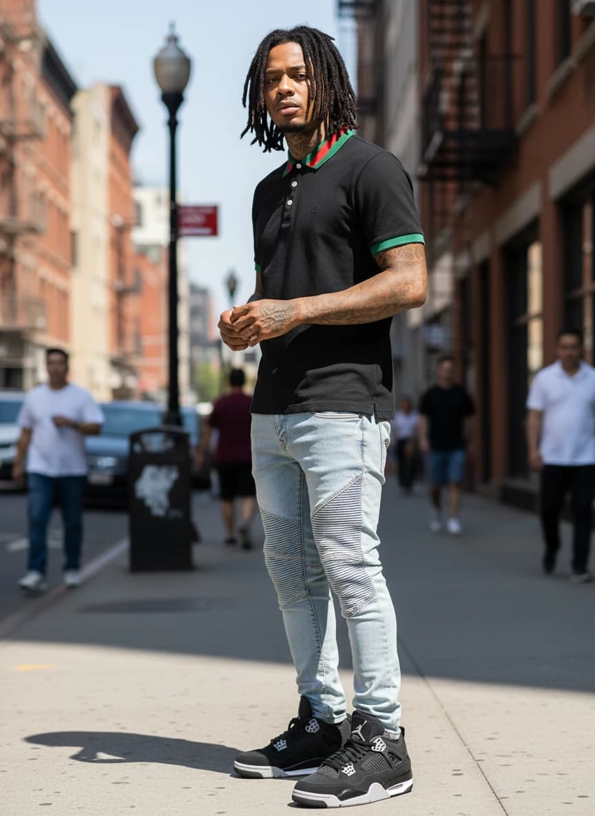 Gucci Black Polo Shirt with Green and Red Trim, Balmain Light Blue Skinny Jeans with Zipper Details, Air Jordan 4 Retro Black Grey Sneakers