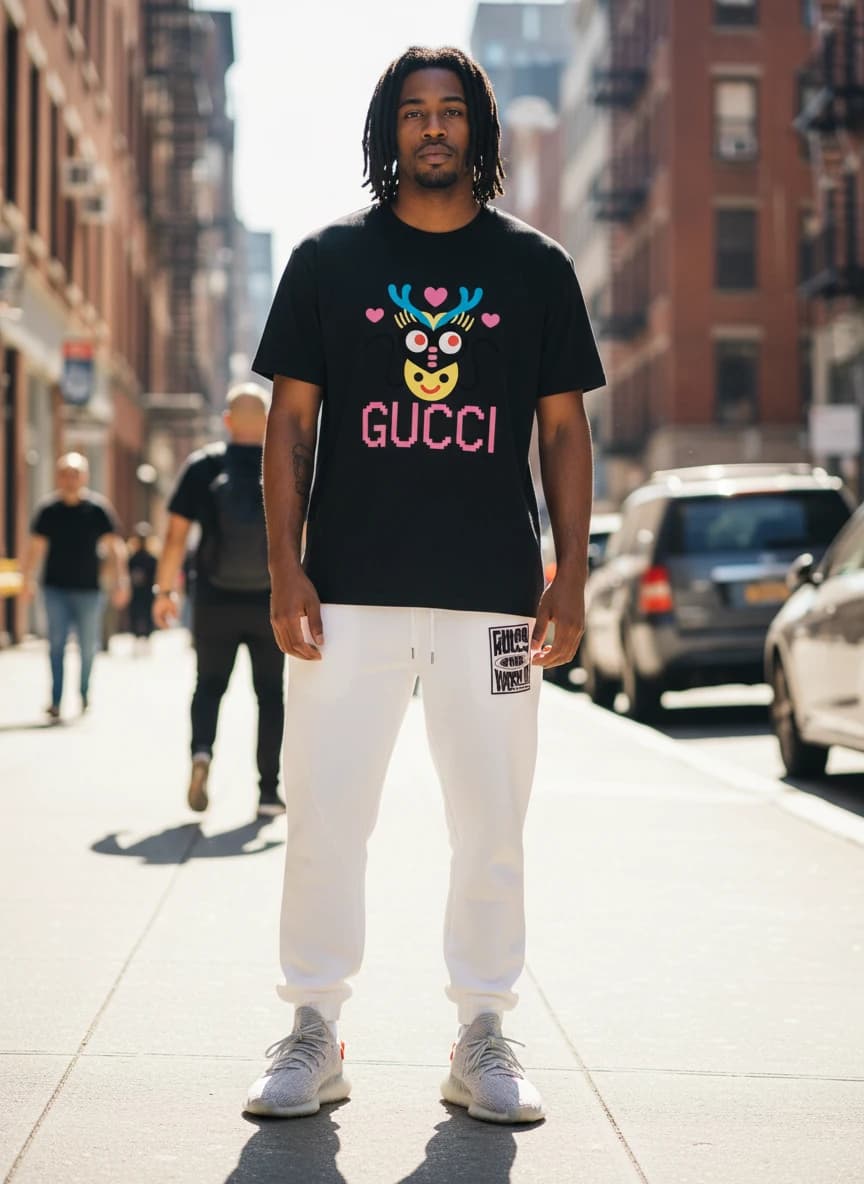 Gucci Deer Print Black T-Shirt, White 'Rule the World' Graphic Sweatpants, Adidas Yeezy Boost 350 V2 Grey Orange Sneakers
