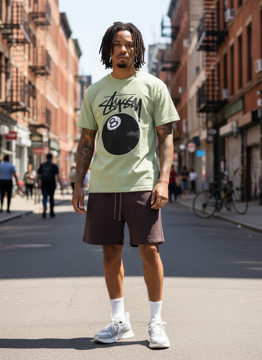 Stussy 8-Ball Oversized T-Shirt in Light Green, Fear of God Essentials Dark Brown Sweatshorts, Dior Oblique Print Sneakers in Grey/White