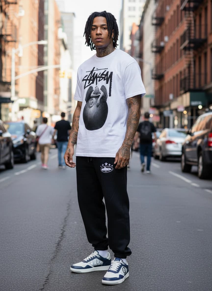 Stussy Angel 8 Ball White T-Shirt, Black Essentials Jogger Pants with Logo Patch, Dior Oblique Low Sneakers in Navy/White
