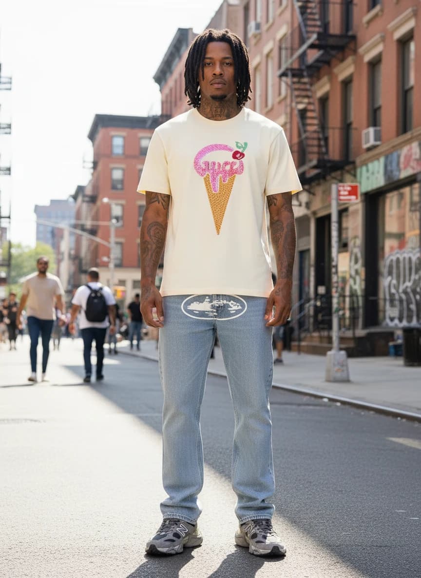 Gucci Ice Cream Print T-Shirt in 28 Ivory, Light Blue Straight-Leg Jeans with White Graphic Design, New Balance 990v6 Grey/Black Sneakers