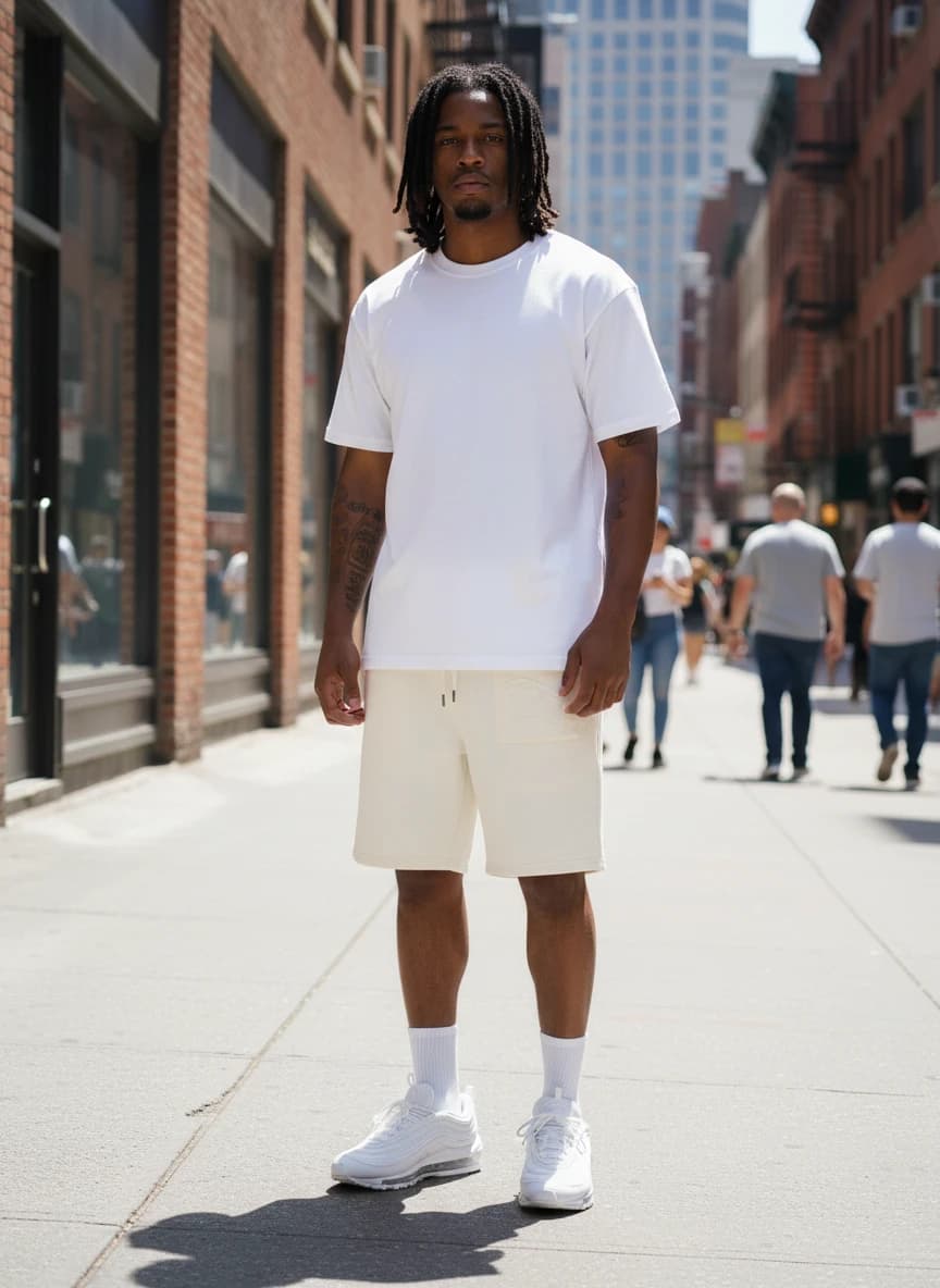Chobs Wolf Flame Graphic T-Shirt, Burberry Cream Cotton Shorts with Embroidered Logo Pocket, Nike Air Max 97 White Sneakers