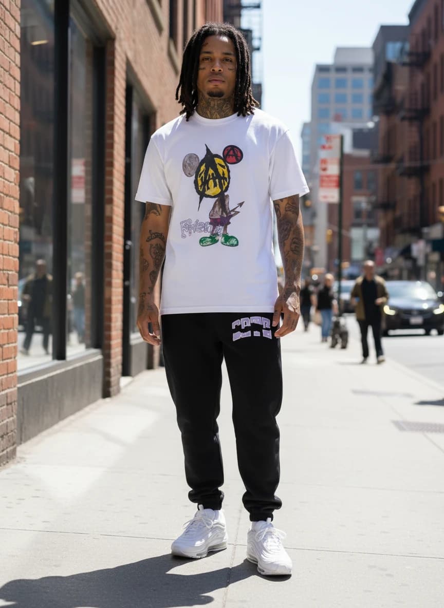 HOT x Mickey Mouse Graphic T-Shirt, Carhartt WIP Black Sweatpants with White Logo, Nike Air Max 97 White Sneakers
