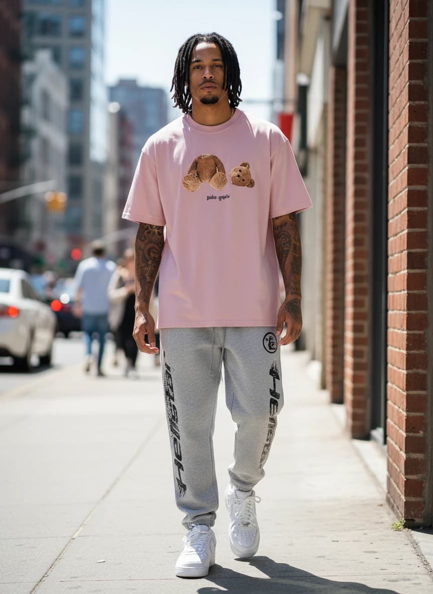 Palace Skateboards Bear Graphic T-Shirt in Pink, Hellstar Grey Flame Print Sweatpants, Nike Air Force 1 Low White Sneakers