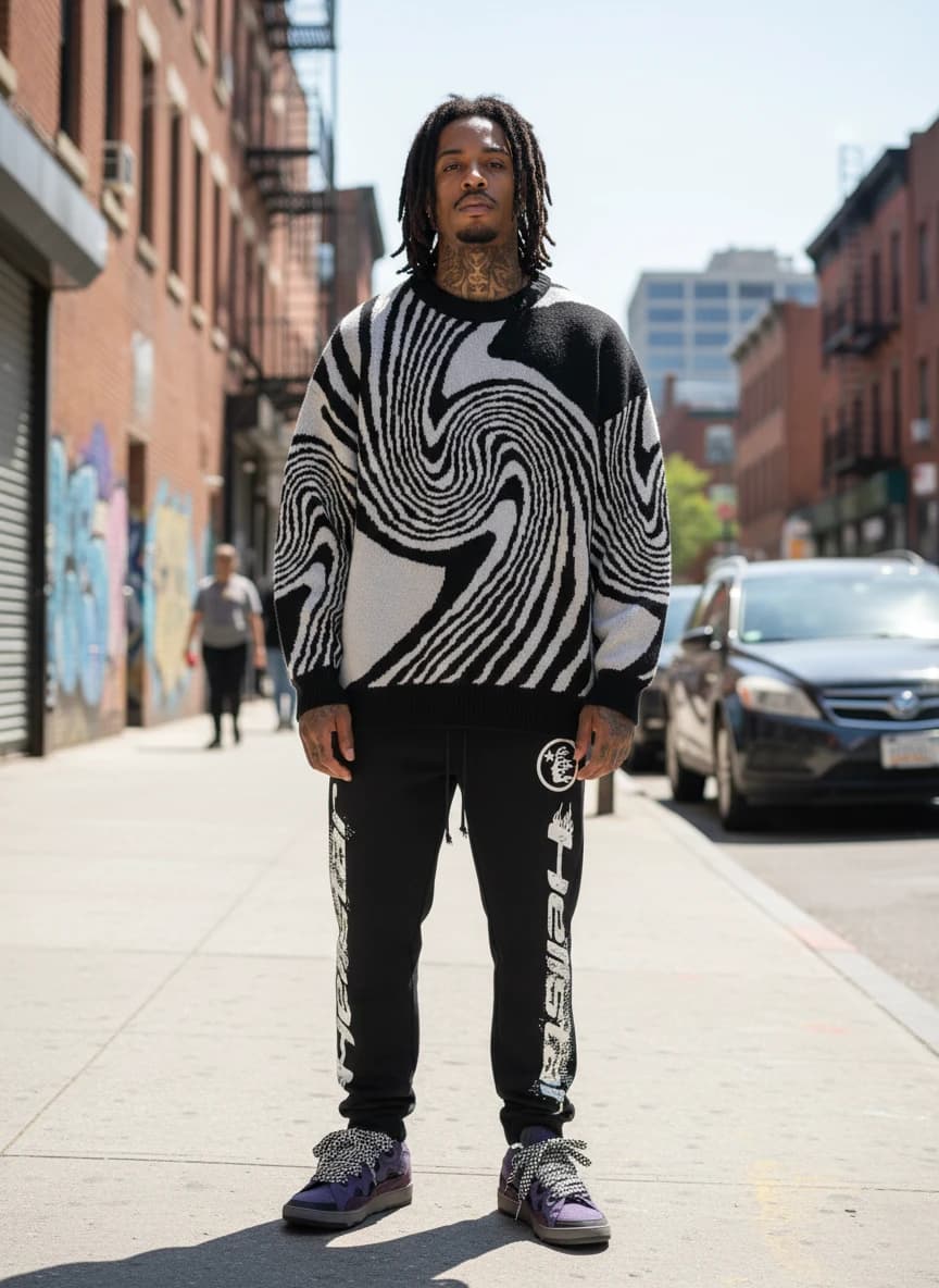 Abstract Print Knit Sweater in Black & White, Hellstar Black Flame Print Sweatpants, Le Coq Sportif Grape Colorway Sneakers