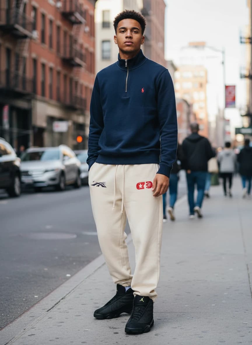 Polo Ralph Lauren Navy Blue Half-Zip Sweater, Reebok Classic Logo Sweatpants in Cream, Air Jordan 13 Retro Black Green Sneakers