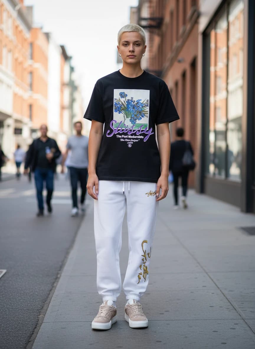 Stussy Van Gogh Iris Black T-Shirt, White Gold Script Embroidered Sweatpants, Louis Vuitton Monogram Suede Platform Sneakers