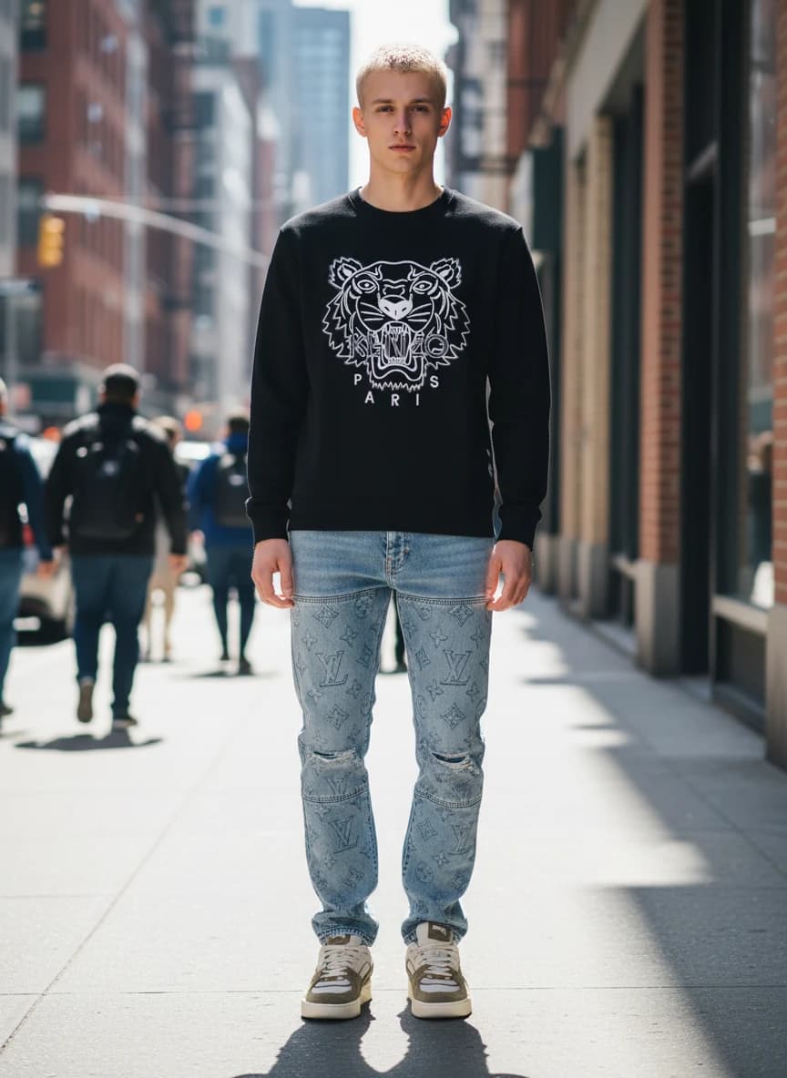 Kenzo Tiger Logo Black Sweatshirt, Louis Vuitton Monogram Denim Jeans, Light Grey, Puma Court Rider Sneakers in Olive/White