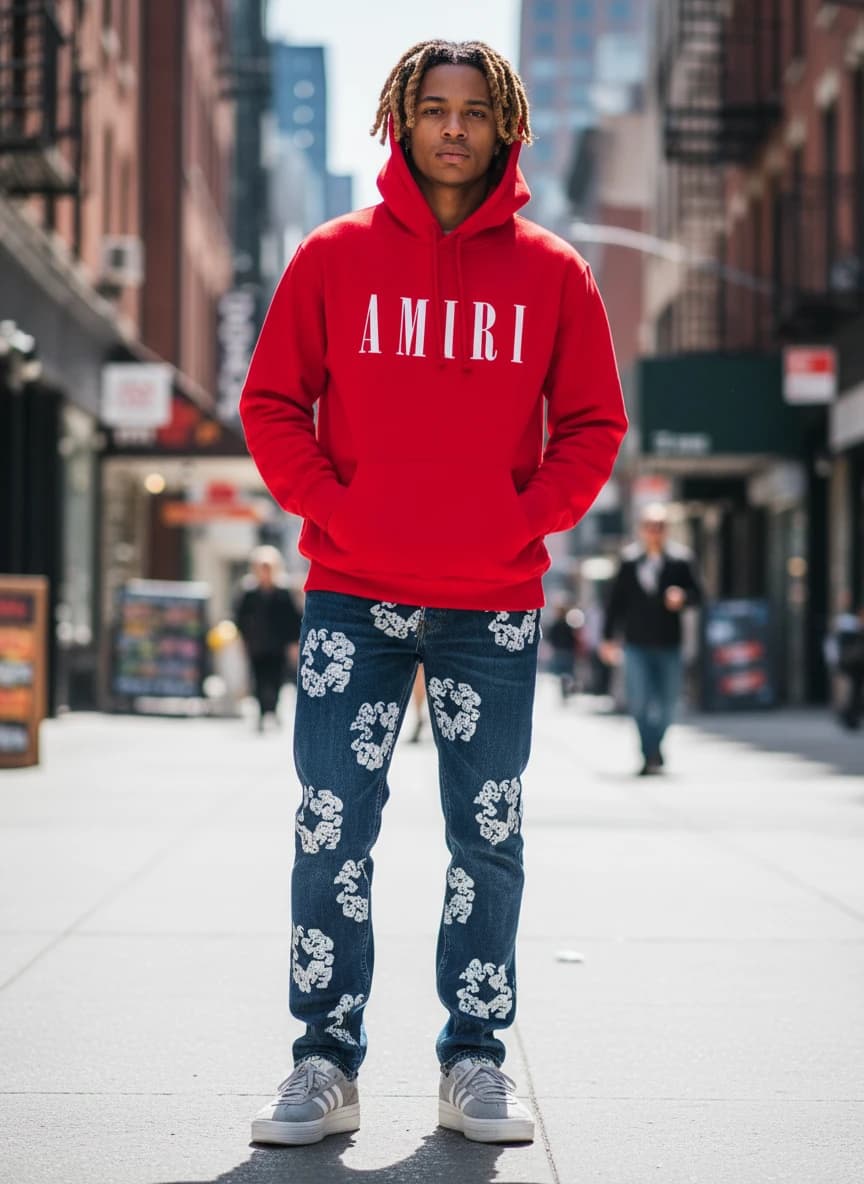 Amiri Red Hoodie with AMIRI Logo, Levi's Flower Print Denim Jeans, Adidas Gazelle Platform Sneakers in Grey/White