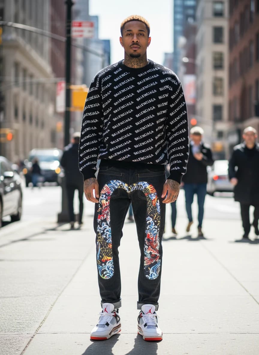 Balenciaga Logo Knit Sweater in Black/White, Koi Fish Denim Jeans with Japanese Wave Design, Air Jordan 4 Retro 'Fire Red' Sneakers
