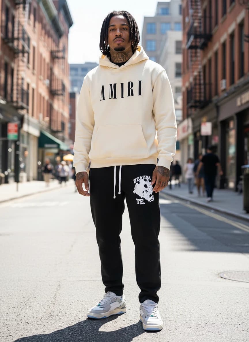 Amiri Cream Hoodie with Bold Logo Print, Black Denim Tees Sweatpants with White Drawstrings and Distressed Logo, Puma Court Rider Sneakers in Grey/White with Blue Accents