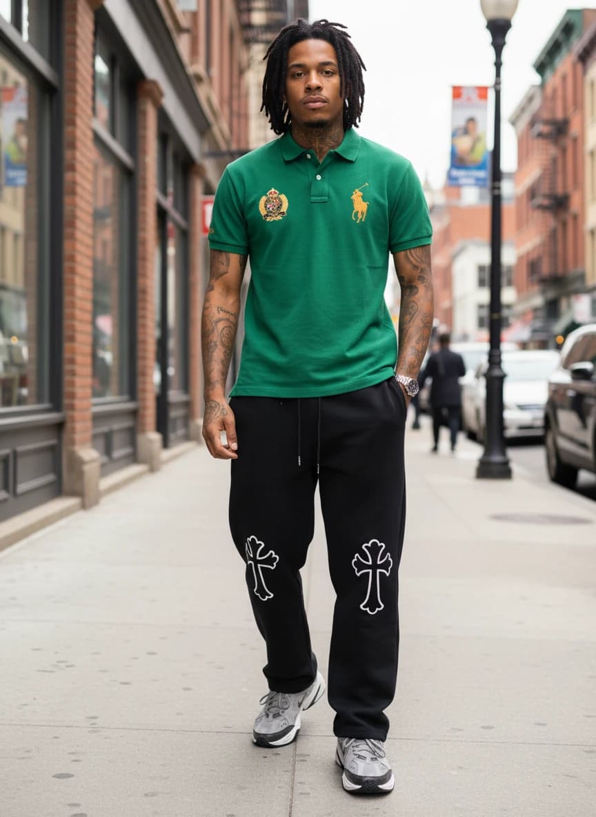 Polo Ralph Lauren Green Polo Shirt with Iconic Pony Logo, Black Cross Logo Sweatpants, Nike M2K Tekno Sneakers in Sail/Black