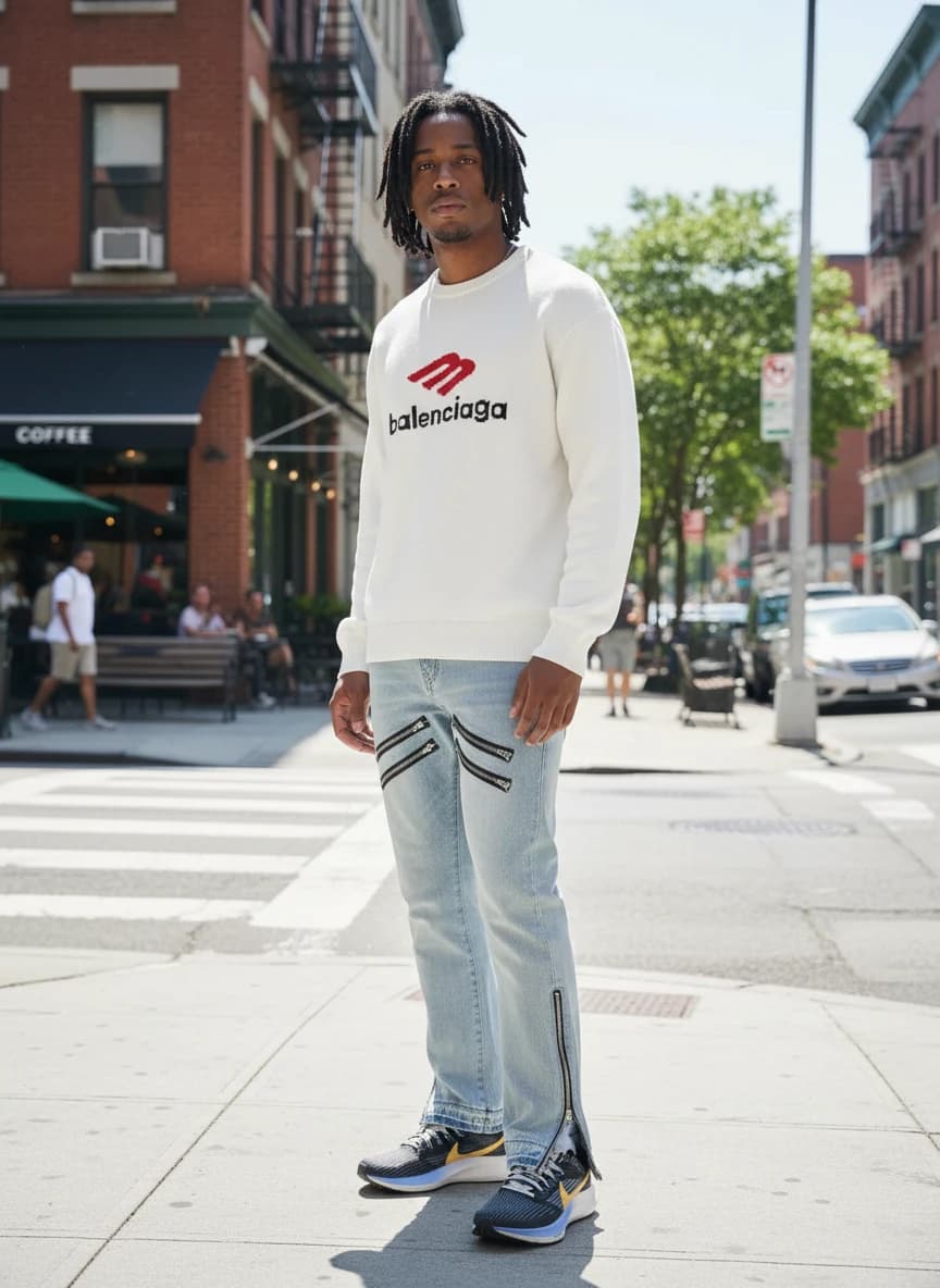 Balenciaga White Logo Knit Sweater, Gucci Light Blue Distressed Jeans with Zipper Details, Nike Air Zoom Pegasus Obsidian Yellow Sneakers