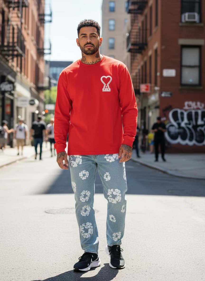 Ami Paris Heart Logo Red Long-Sleeve T-Shirt, Levi's Flower Print Jeans - Light Blue with White Floral Pattern, Nike Air Zoom Pegasus 38 Running Shoes Black White DH4071-001