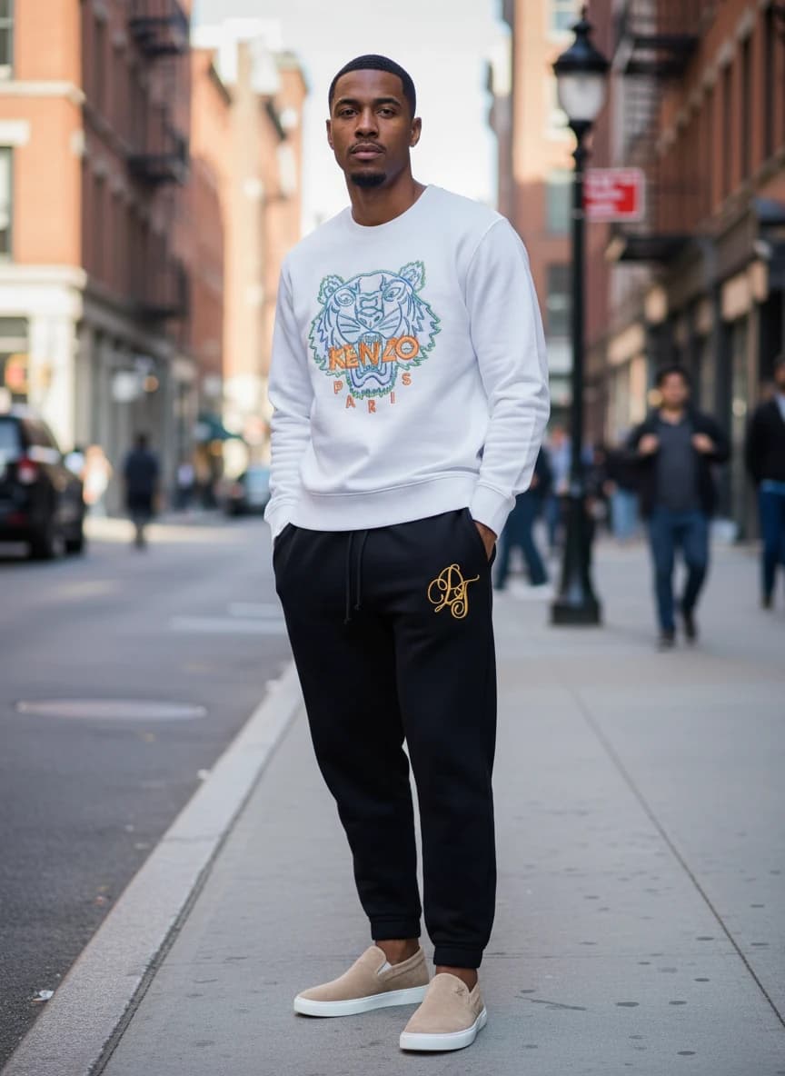 Kenzo White Tiger Embroidered Sweatshirt, Dapper Dan Black Sweatpants with Gold Embroidery, Louis Vuitton Suede Slip-On Sneakers in Beige