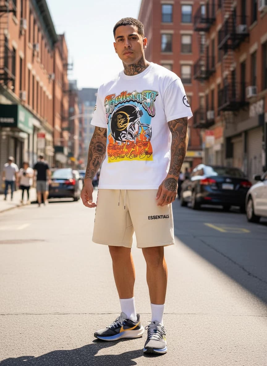 Hellstar Through The Fire Graphic T-Shirt, Fear of God Essentials Beige Shorts, Nike Air Zoom Pegasus Obsidian Yellow Sneakers