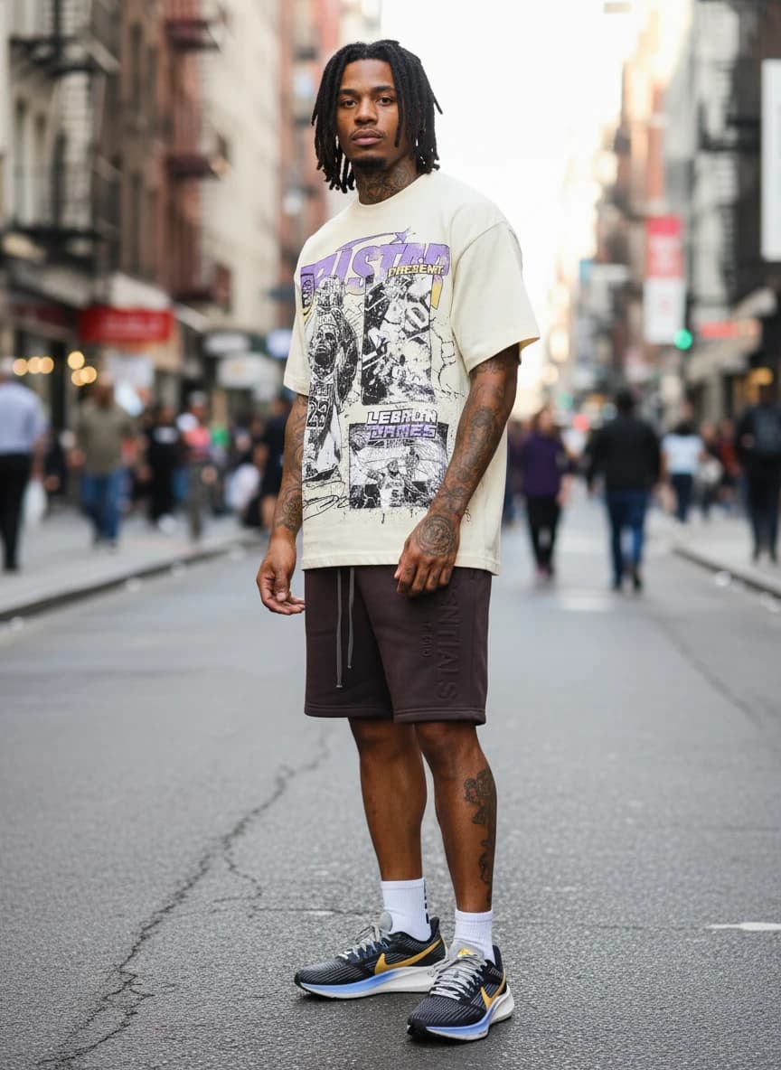 Hell Star LeBron James Graphic T-Shirt Cream White, Fear of God Essentials Dark Brown Sweatshorts, Nike Air Zoom Pegasus Obsidian Yellow Sneakers