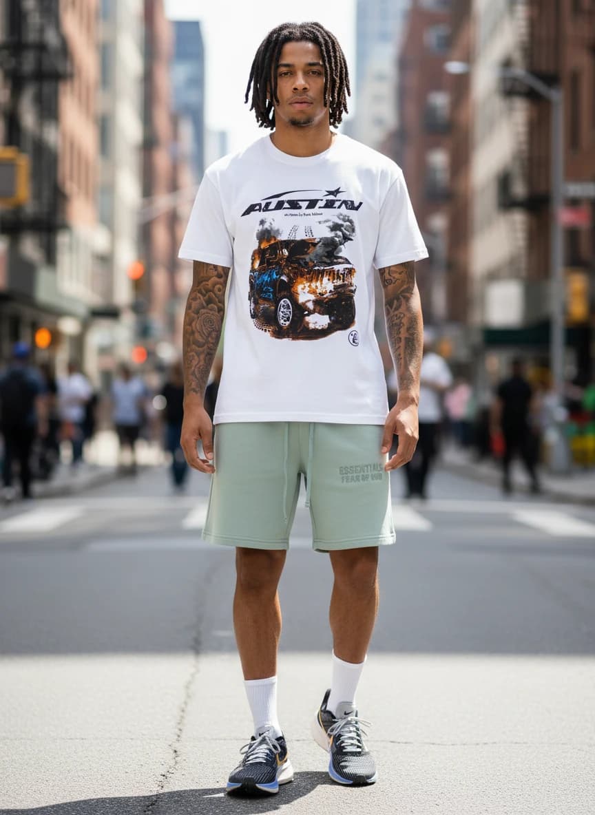 Hellstar Austin Album T-Shirt - White, Fear of God Essentials Mint Green Shorts, Nike Air Zoom Pegasus Obsidian Yellow Sneakers