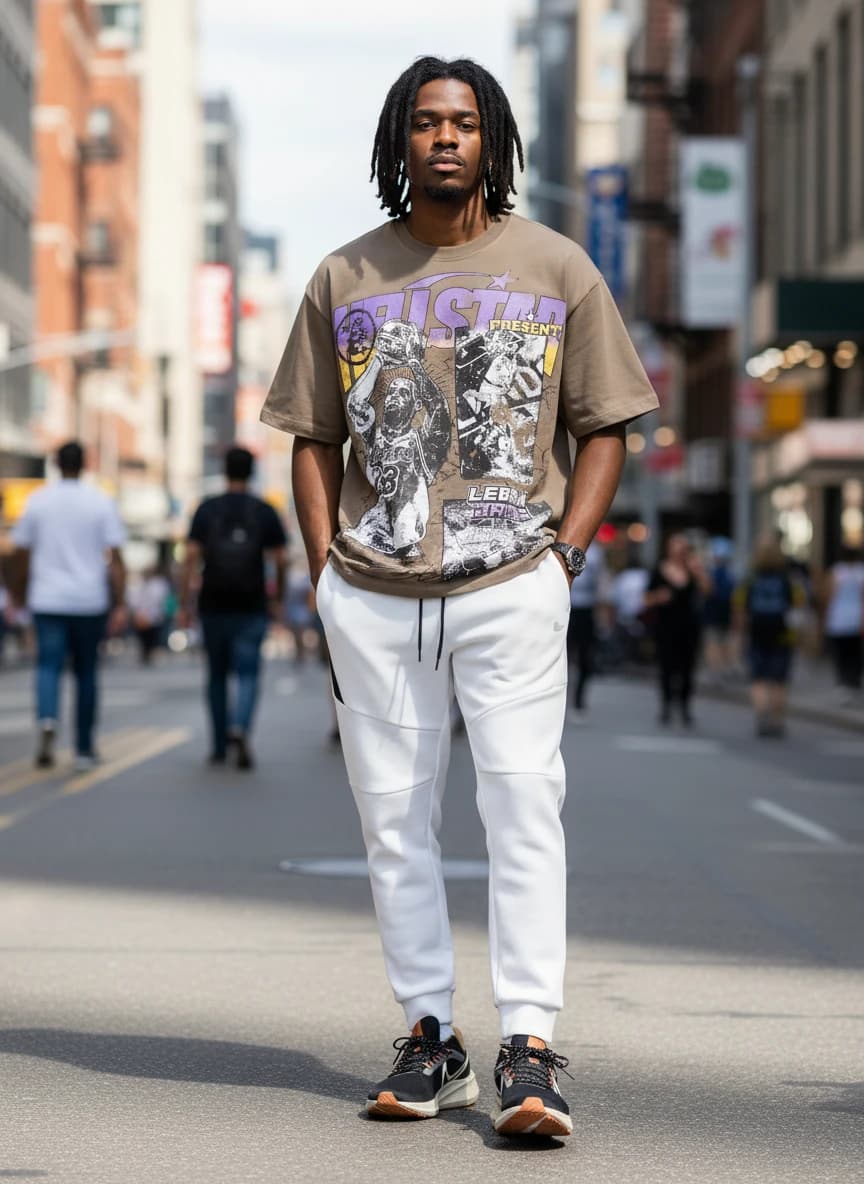 Hellstar LeBron James Graphic T-Shirt in Khaki, White and Black Contrast Side Panel Sweatpants, Nike Air Zoom Pegasus 38 Black Green Safety Orange Sneakers