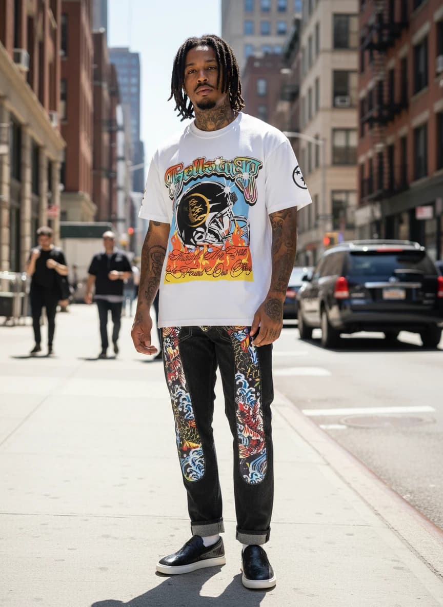 Hellstar Through The Fire Graphic T-Shirt, Koi Fish Denim Jeans with Japanese Wave Design, Louis Vuitton Monogram Embossed Slip-On Sneakers