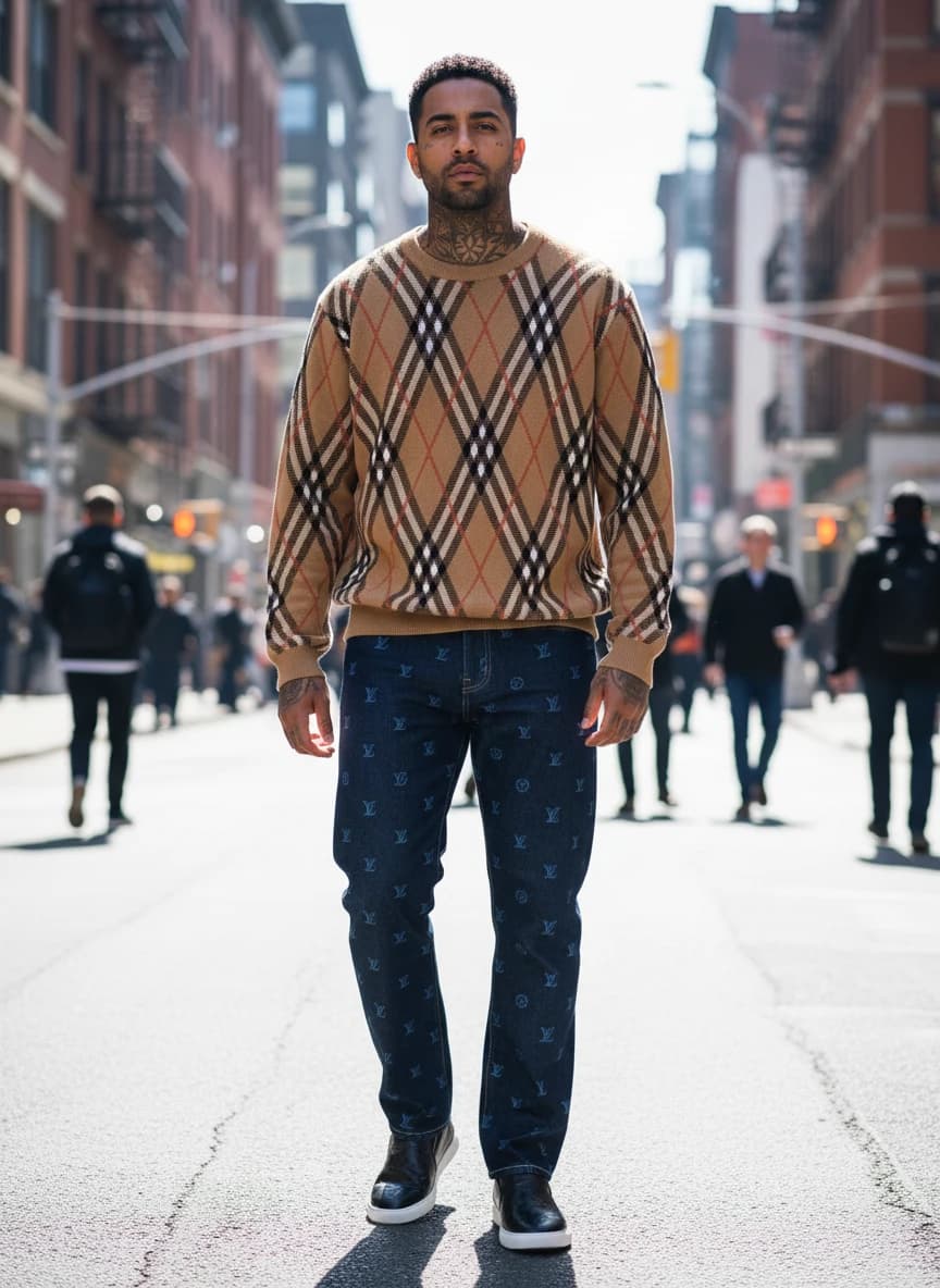 Burberry Vintage Check Argyle Sweater, Louis Vuitton LV Monogram Denim Jeans, Louis Vuitton Monogram Embossed Slip-On Sneakers