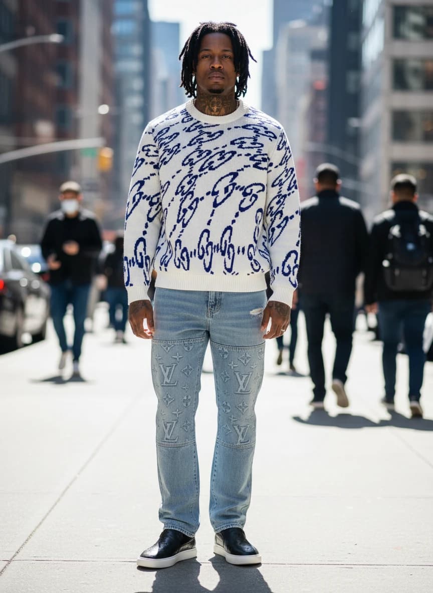 Gucci GG Intarsia Knit Sweater in White and Blue, Louis Vuitton Monogram Denim Jeans, Light Grey, Louis Vuitton Monogram Embossed Slip-On Sneakers