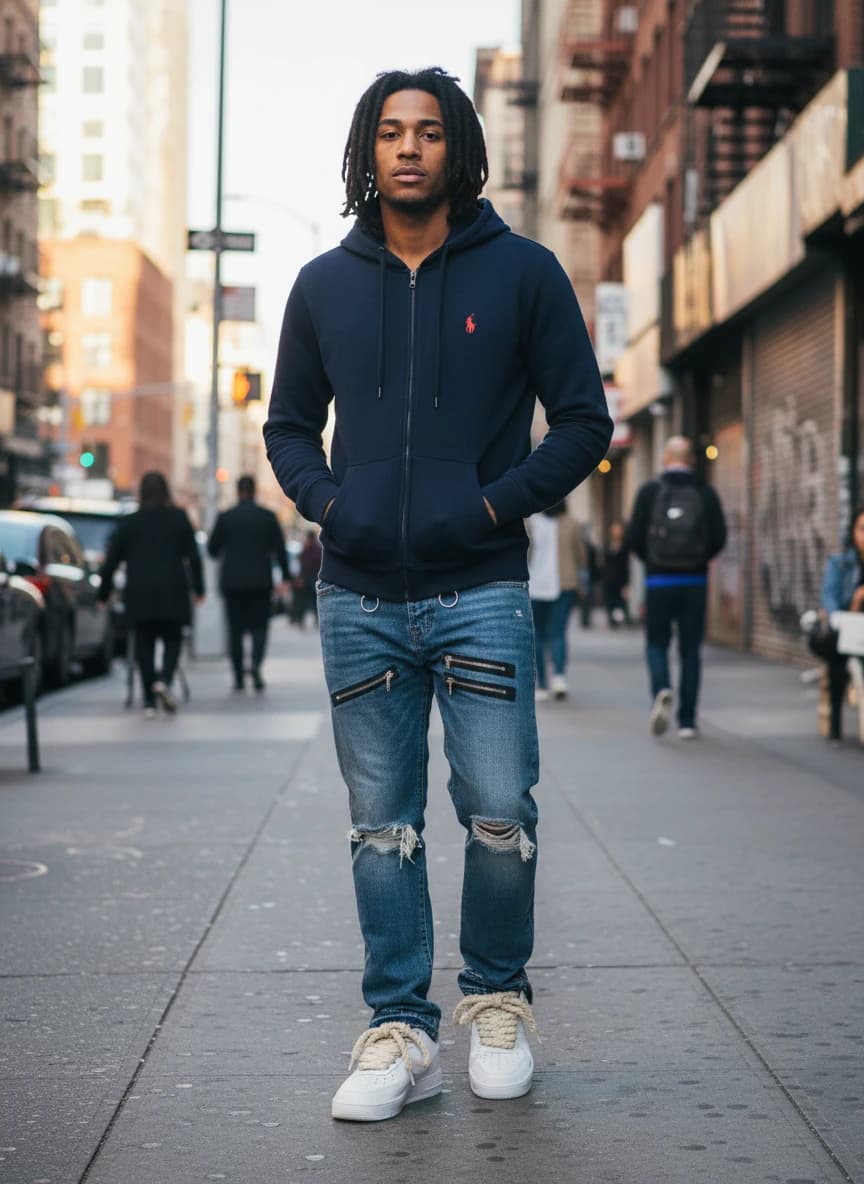 Polo Ralph Lauren Navy Blue Zip-Up Hoodie, Distressed Denim Jeans with Zipper Details, Nike Air Force 1 White Rope Laces Sneakers