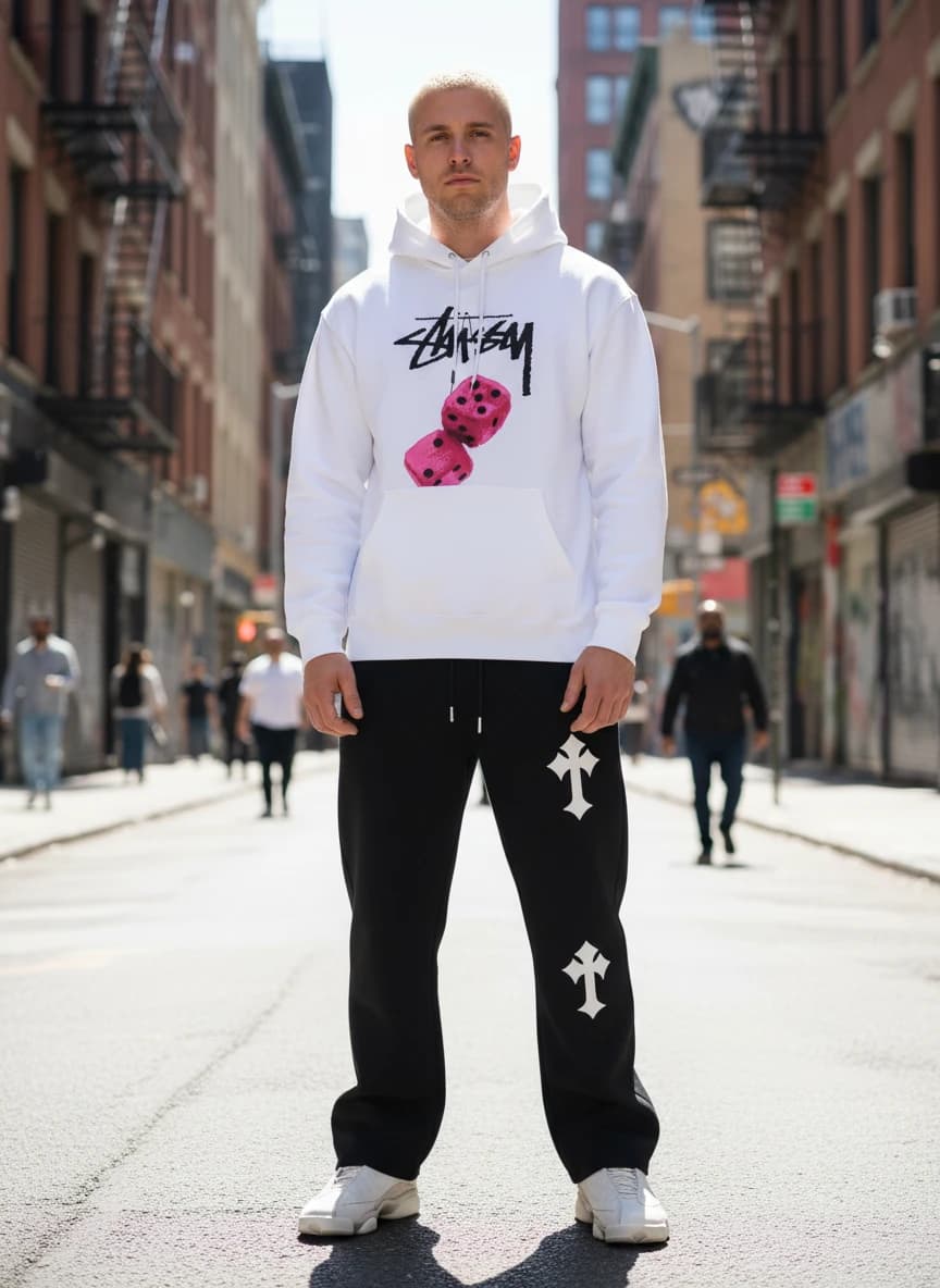 Stussy Dice Print White Hoodie, Black Cross Logo Sweatpants, Air Jordan 13 Retro Sneakers White/Gray